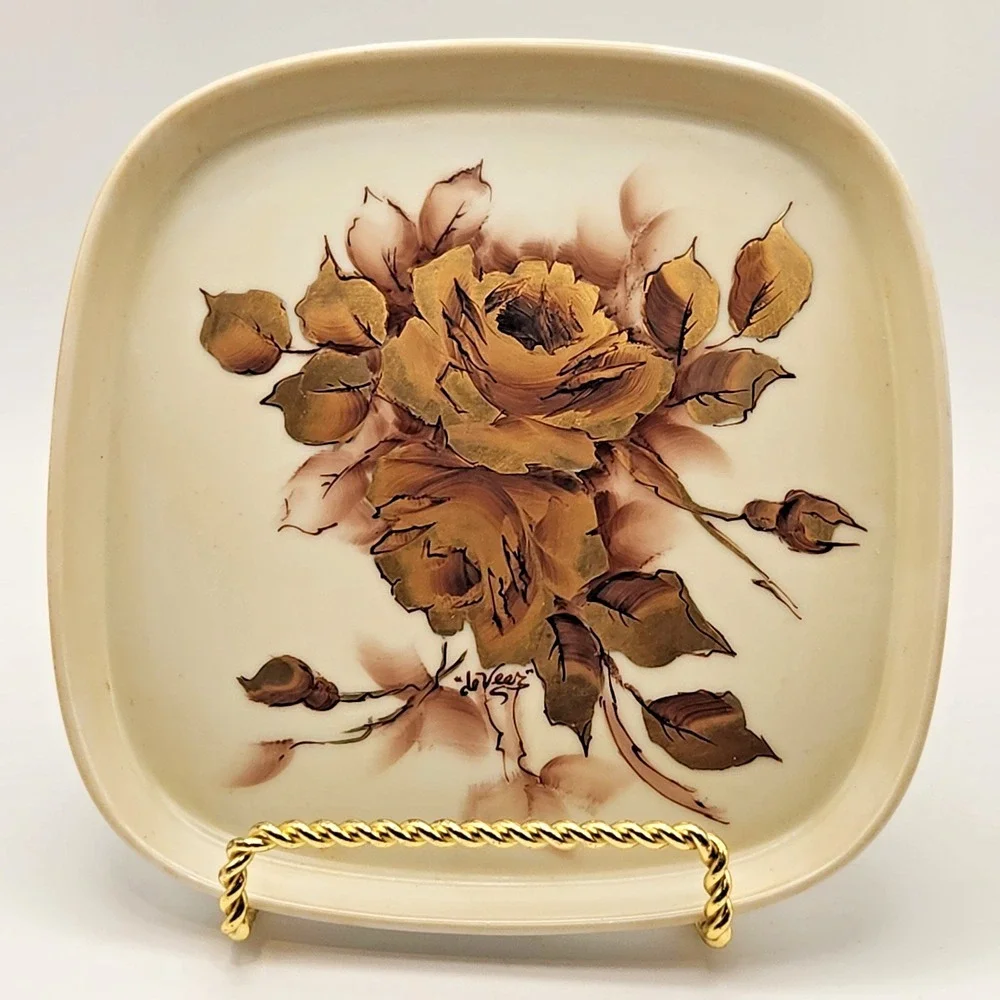 2 Signed Vintage Porcelain‎ Hand Painted Small Dishes with Roses & Gold Accents